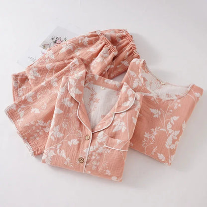 🍒Pyjama set 100% Cotton women's two piece nightwear jacquard long sleeve top and elasticated long pants loose loungewear set Pick This Leaf