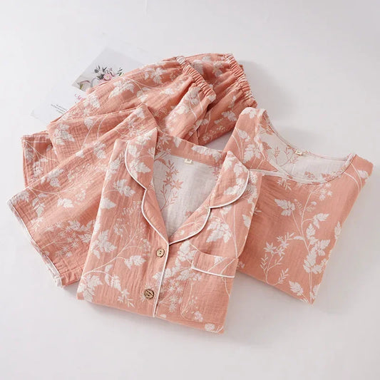 🍒Pyjama set 100% Cotton women's two piece nightwear jacquard long sleeve top and elasticated long pants loose loungewear set Pick This Leaf