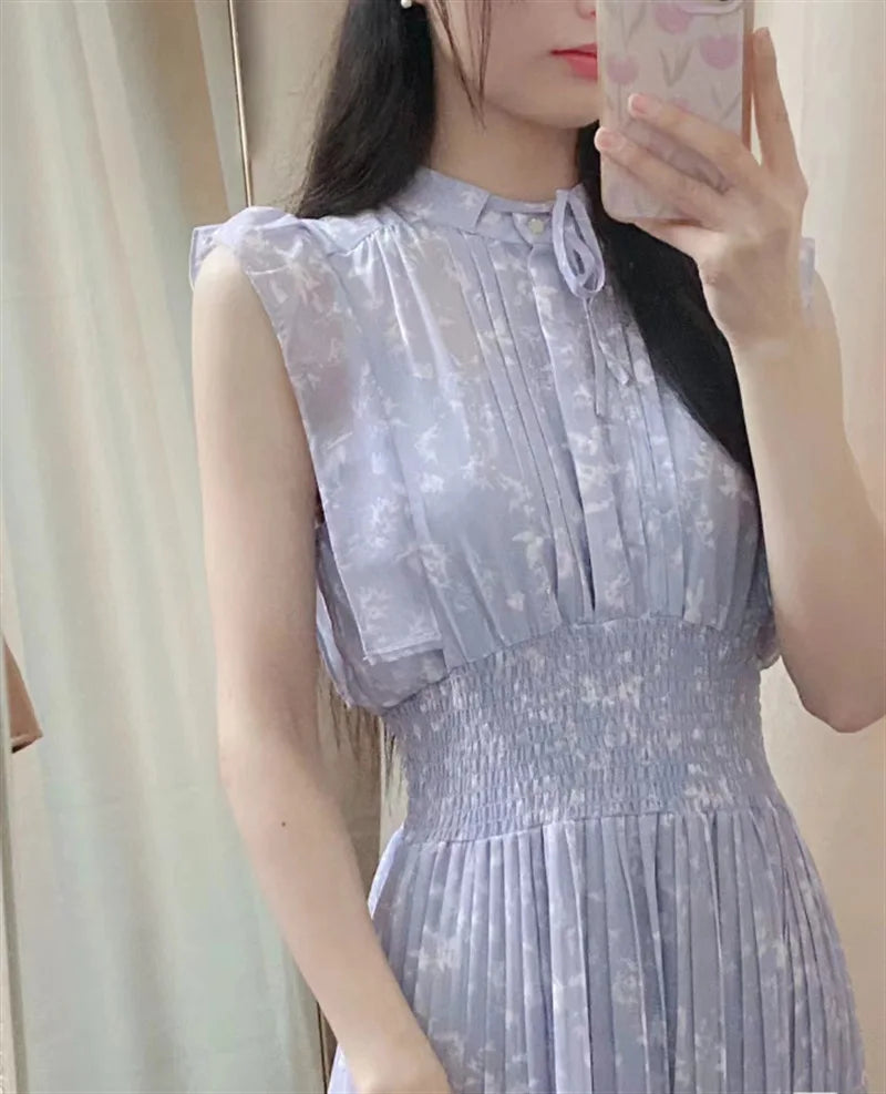 🍒Mid-length dresses for women printed high waisted outfit gentle literary pleated slim exquisite outfit smart casual flloral clothing