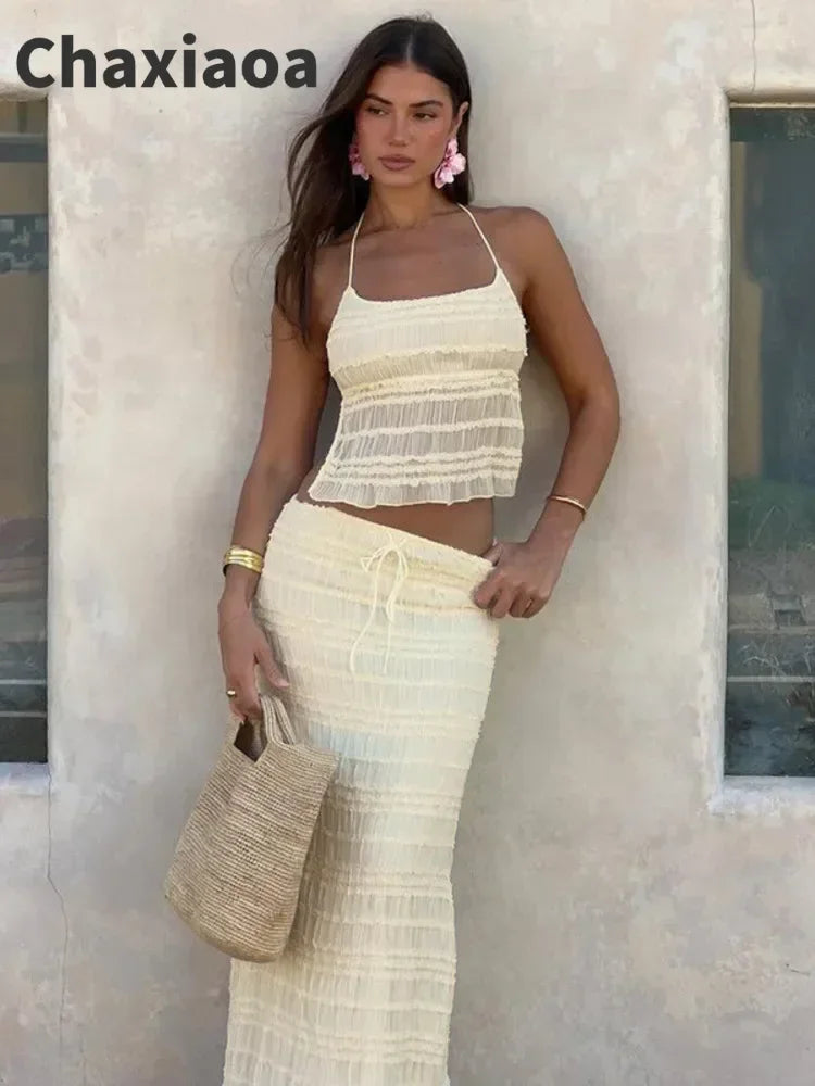 🍒Chiffon two piece set womens summer fashion halter crop top and maxi skirt fashion clothing beach party wear holiday wear smart casual clothes Delicately Delightful