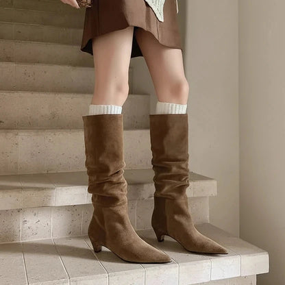 🍒Autumn winter womens footwear cow suede leather heeled boots pointed toe high heel slip-on knee high western footwear No Per-SUEDEing Neccessary