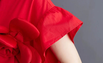 🍒Summer loose dress artistic high low ruffle trim outfit with 3D flower cotton blend office smart casual women mid-length a-Line Don’t Get Ruffled Pick A Flower And Ease lnto Summer