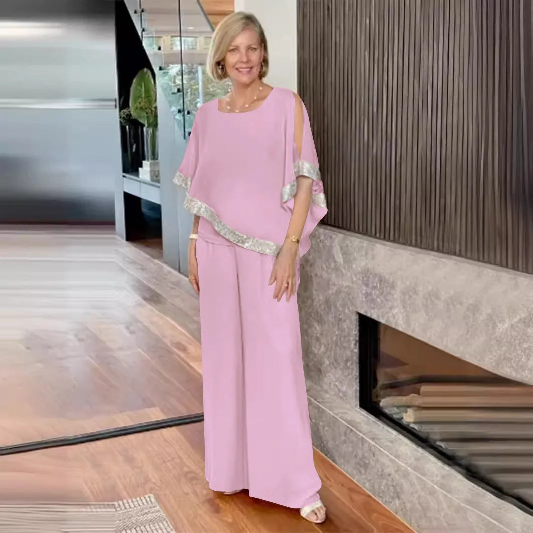 🍒Two-piece suit o-neck top and pants set for women summer fashion sequin bat wing top wide leg trousers occasion party wear Get Hold Of A Cold Shoulder And Warm Your Heart