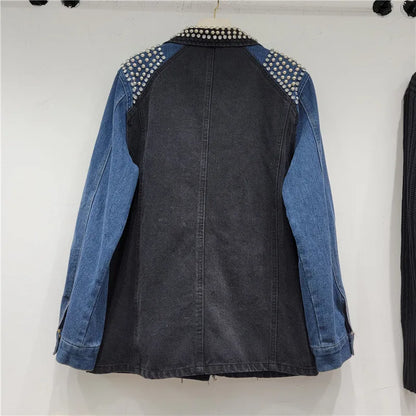 🍒Y2K vintage denim jacket stylish craft studded diamond studded coat single button mixed media clothing contrast colour patchwork jeans wear smart casual women  Denim Designer Diamond Delight
