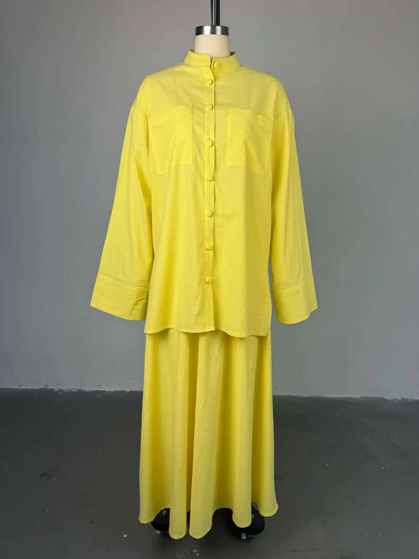 🍒Two piece women's clothing sets summer wear turn-down collar shirt full sleeve top plus draped long skirt outfit maxi female fashion relaxed smart casual clothing Lime In Your Lemon