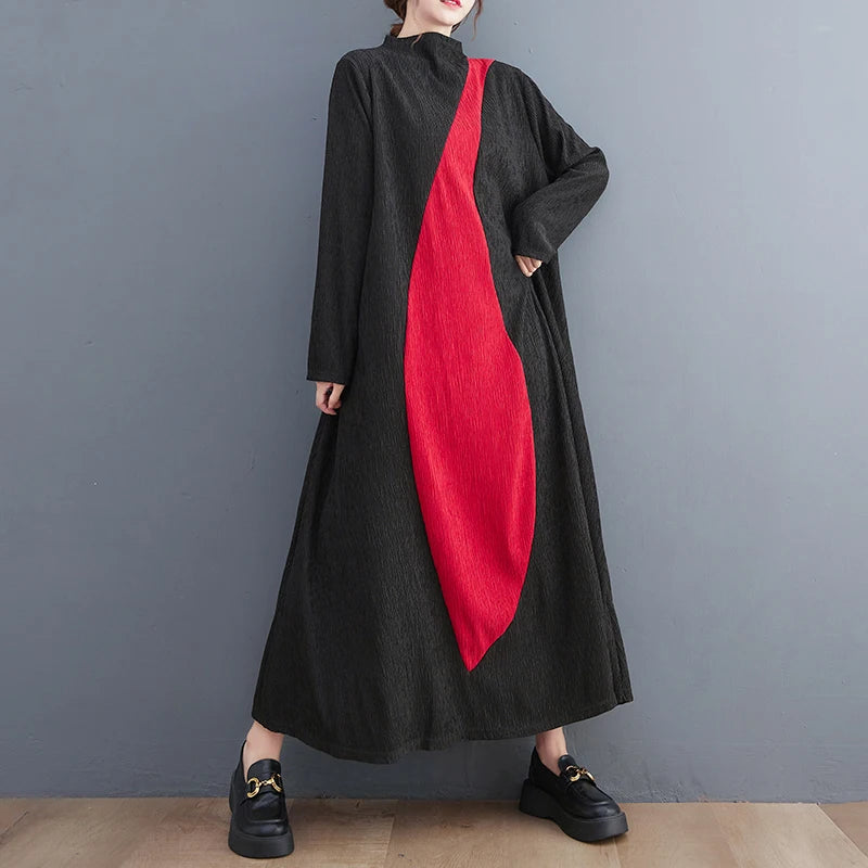 🍒Long sleeve maxi dress red and black outfit long sleeve loose  women smart casual clothes with patchwork loose fit a-line occasion wear chic holiday wear oversize fashion  Black Out Boring Clothes And Get This Red