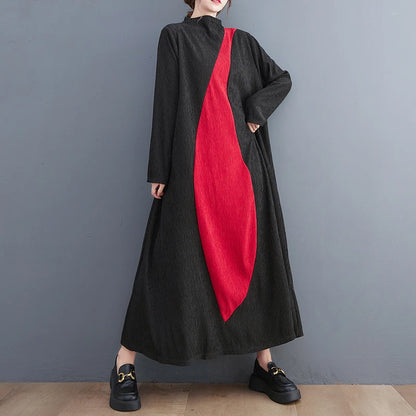 🍒Long sleeve maxi dress red and black outfit long sleeve loose  women smart casual clothes with patchwork loose fit a-line occasion wear chic holiday wear oversize fashion  Black Out Boring Clothes And Get This Red