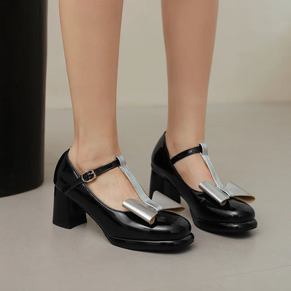 🍒T strap high heels round toe pumps women low platform shoes plus size available bow footwear for party wear wedding t-bar for special occasions Footwear With A Bow On IT