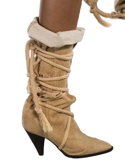 🍒Retro boots cross-tied shaped heel solid brown pointed toe shoes lace-up fringe mid-calf boots women fashion footwear Retro Roads
