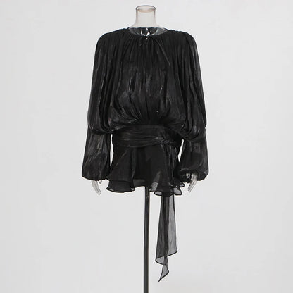 🍒Solid tie neck dress high waist ruffle for women long sleeve mini  party club wear occasion clothing female fashion Revel In Ruffles
