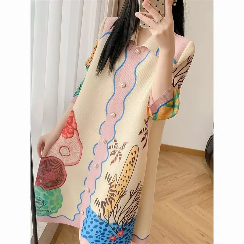 🍒Fashion dress shirt style for women smart casual wear midi clothing beautiful print designer a-line outfits loose summer wear Button Up In A Shirt Dress