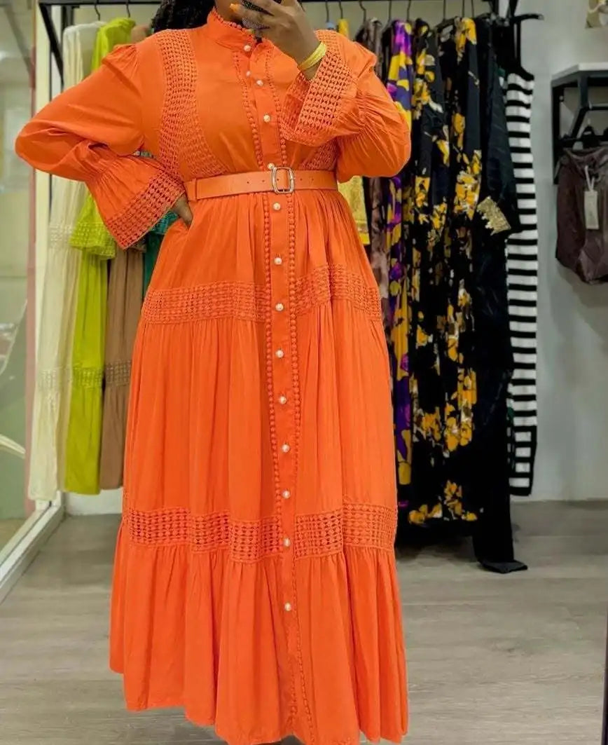 🍒Stand collar maxi dress a-line elegant single breasted smart casual women puff seeve outfit single breasted shirt dresses high waist Y2k fashion vintage style clothimg Get A ComPLEAT Look