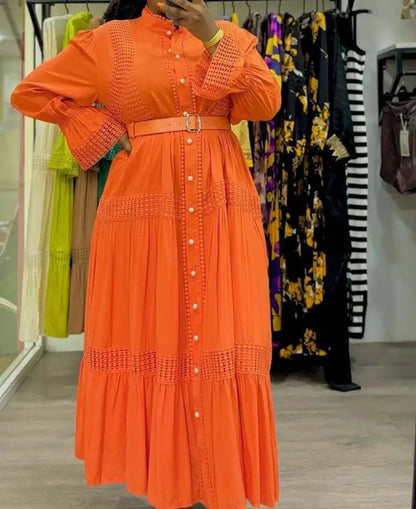 🍒Stand collar maxi dress a-line elegant single breasted smart casual women puff seeve outfit single breasted shirt dresses high waist Y2k fashion vintage style clothimg Get A ComPLEAT Look