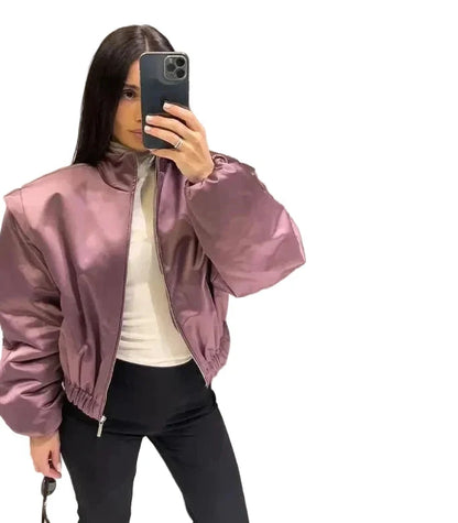 🍒Long sleeve bomber jacket women zipper with stand collar outerwear short casual coat solid chic female sateen clothing fashion   Get Into Mauve