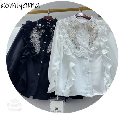🍒Sequin shirt with beading ruffle blouse for women black occasion shirt Y2k long sleeve occasion top feminine fashion evening wear party wear tops Look Frilling In Your Frilly Frills