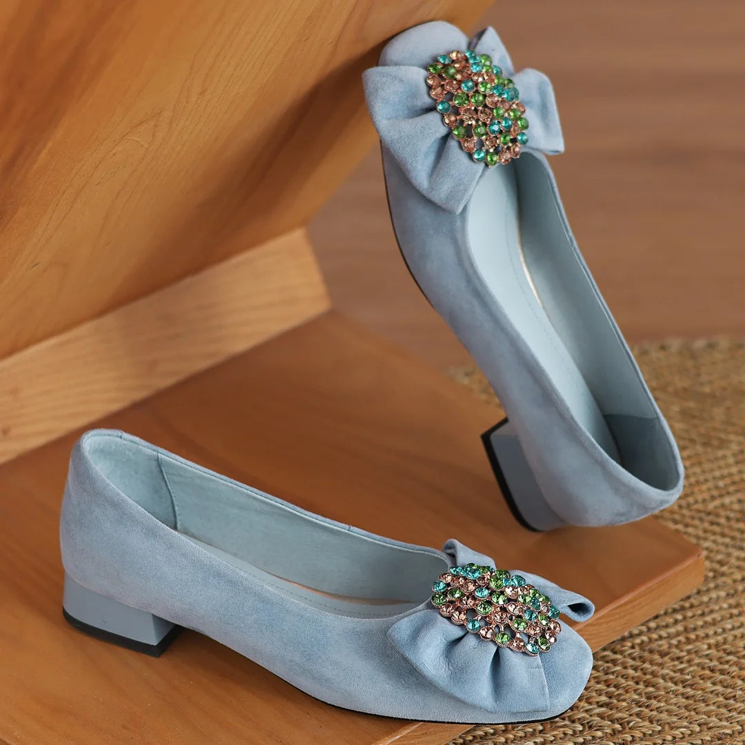 🍒Suede square toe shoes sweet bowtie flats women crystal slip on shoes decoration brooch flats elegant occadson shoes party footwear 41 size available Stride In Suedes