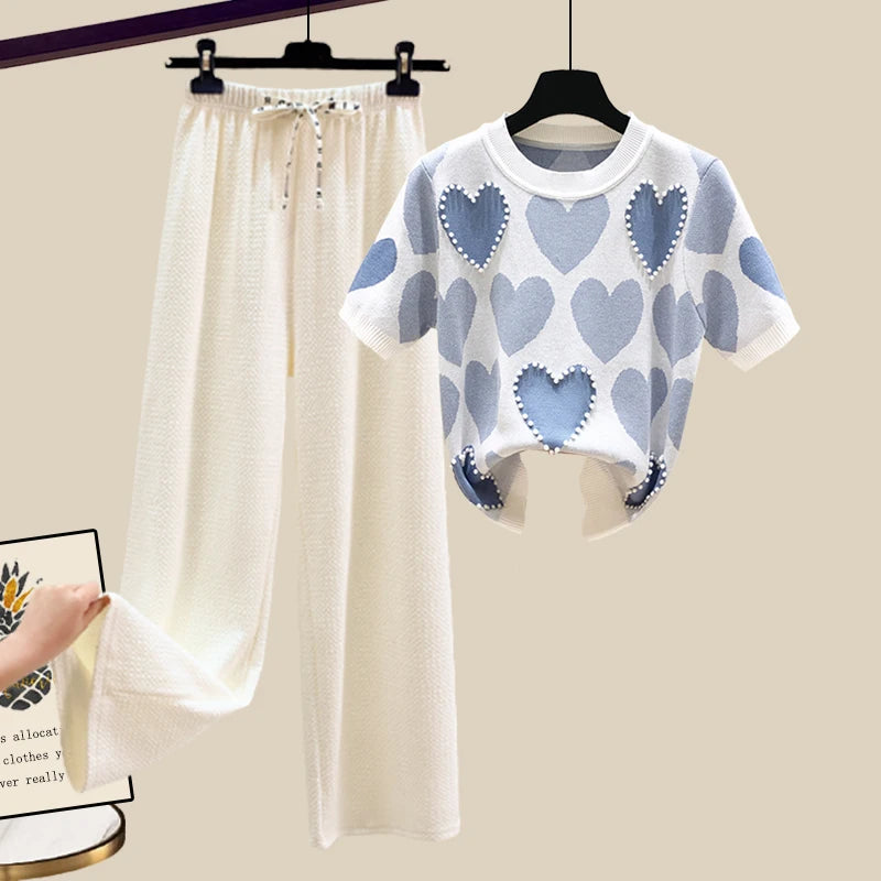 🍒Two piece set suit chic knit t-shirt with love heart top women  and casual wide leg pants sets elegant casual clothing home wear clothes  Love This Set