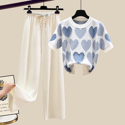 🍒Two piece set suit chic knit t-shirt with love heart top women  and casual wide leg pants sets elegant casual clothing home wear clothes  Love This Set