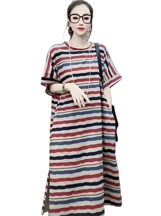 🍒Striped t-shirt dress A- line knee length outfit plus size slimming clothes for plus size women spring summer fashion   Stripe A- Pose