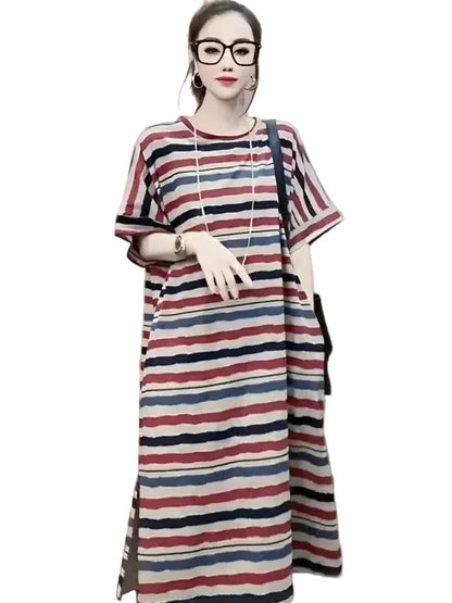 🍒Striped t-shirt dress A- line knee length outfit plus size slimming clothes for plus size women spring summer fashion   Stripe A- Pose