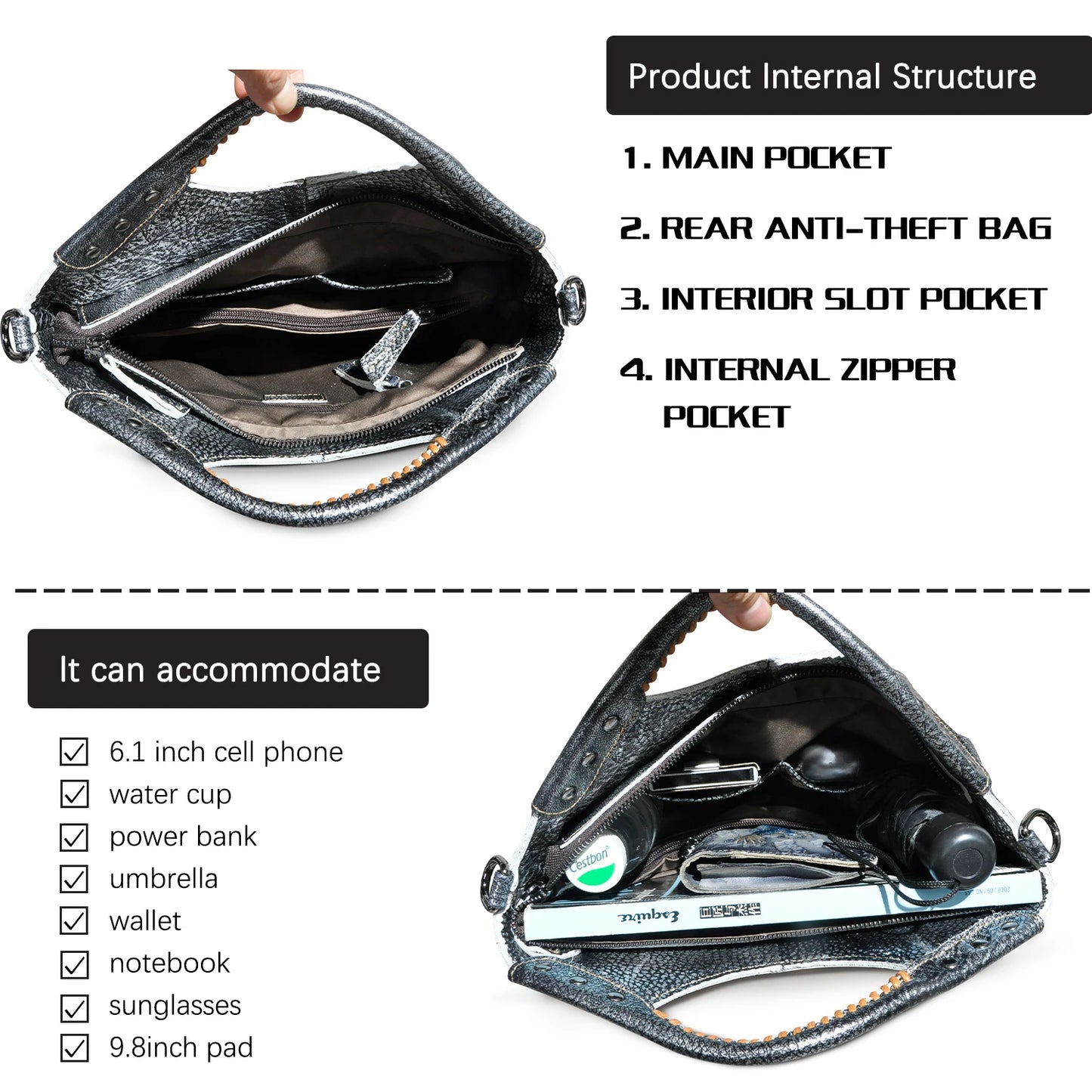 🍒genuine leather designer tote bags for women thick soft real leather luxury designer shopper bags tote purse with zipper grab bag leather silver crossbody bag Shine With Silver style Boast With Browns Back Up With Black