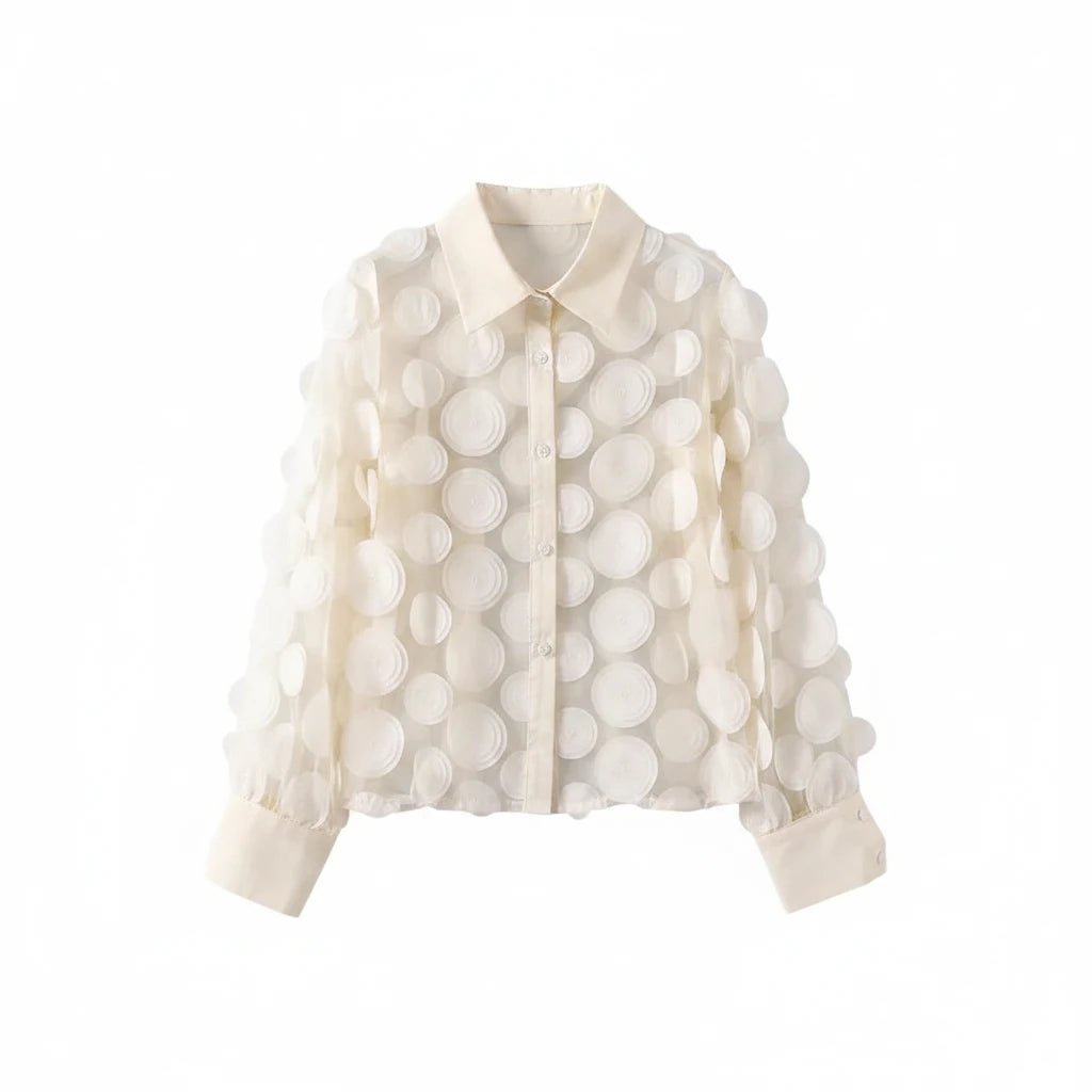 🍒Elegant french blouse 3D foral semi sheer mesh shirt top women lantern sleeve blouses summer Pick A Peach Or Two