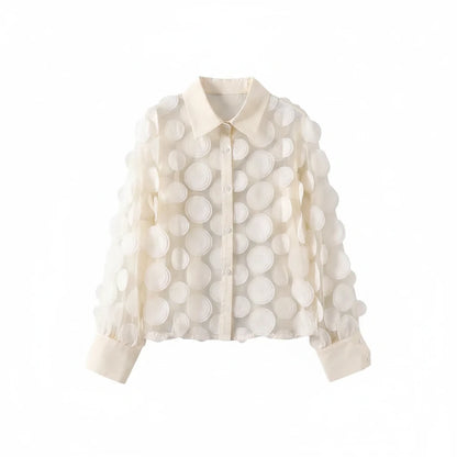 🍒Elegant french blouse 3D foral semi sheer mesh shirt top women lantern sleeve blouses summer Pick A Peach Or Two