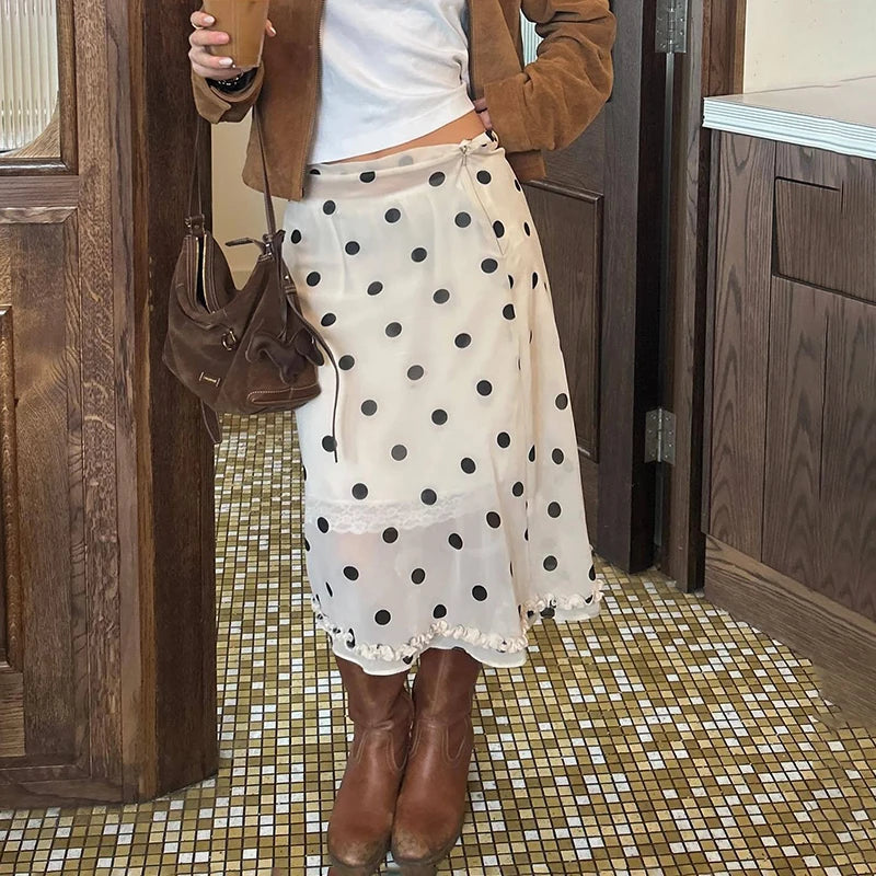 🍒Polka dot high waist skirt  womens chiffon lace skirt over knees fashion office lady elegant a-line summer wear No Polka -ing Fun At This Fun Polka