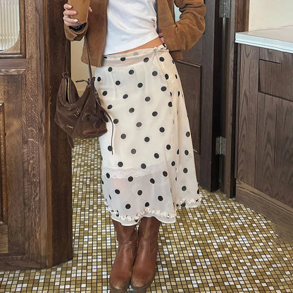 🍒Polka dot high waist skirt  womens chiffon lace skirt over knees fashion office lady elegant a-line summer wear No Polka -ing Fun At This Fun Polka