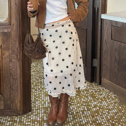 🍒Polka dot high waist skirt  womens chiffon lace skirt over knees fashion office lady elegant a-line summer wear No Polka -ing Fun At This Fun Polka