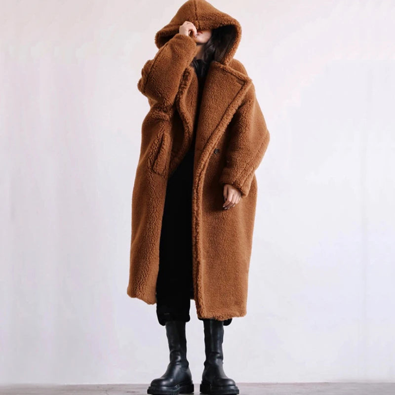 🍒Womens faux fur coat hooded midi lapel collar coat turn down collar coat colourful outerwear fashion open stitch elegant Warm thick autumn winter wear Feel Like A Bear In A Teddy