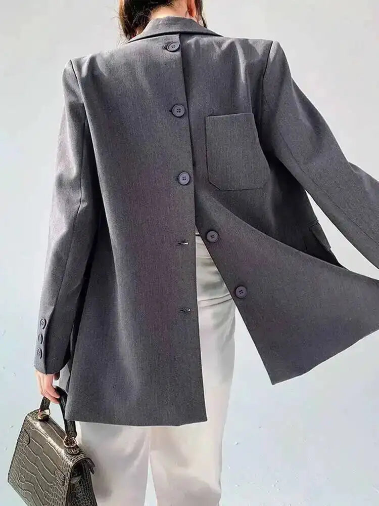 🍒Back button blazer designer with upper back pocket outerwear clothes for women grey lapel long sleeve jacket fashion female coat spring chic occasion wear Put This In Your BACK POCKET For That BLAZERing Hot Occasion