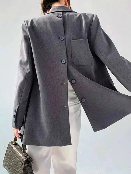 🍒Back button blazer designer with upper back pocket outerwear clothes for women grey lapel long sleeve jacket fashion female coat spring chic occasion wear Put This In Your BACK POCKET For That BLAZERing Hot Occasion