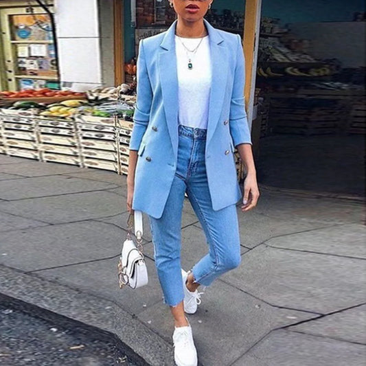 🍒Solid casual office suit jacket womens fashion wear vintage long sleeves coat spring autumn lady Jackets blazers Jacket Lapel outerwears Work It With A Blue Collar Worker