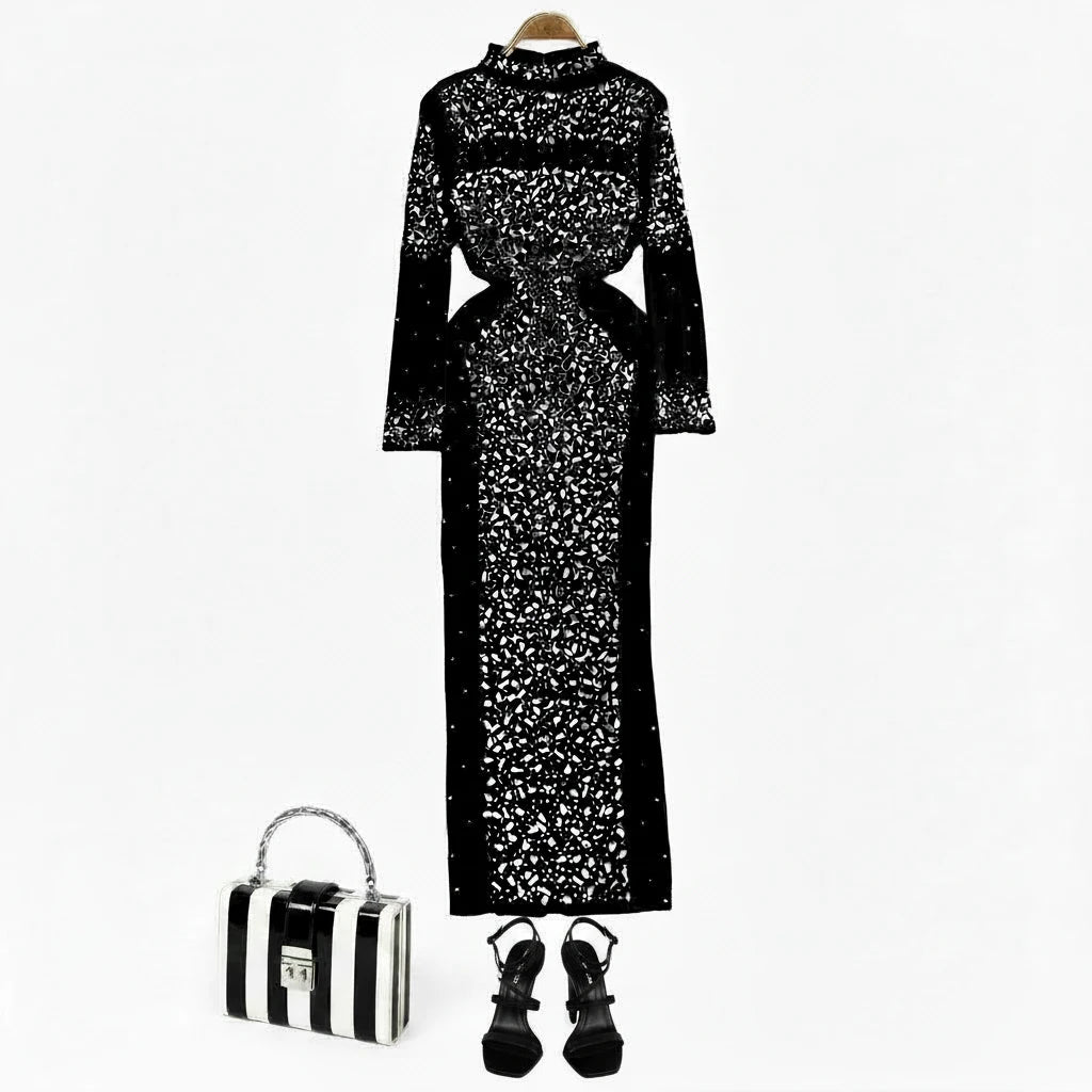 🍒Bodycon o-neck long sleeve dress glitter rhinestone outfit velvet chic vintage style clothing chic autumn fall fashion party occasion wear Get Wine Stoned