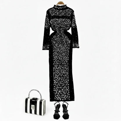 🍒Bodycon o-neck long sleeve dress glitter rhinestone outfit velvet chic vintage style clothing chic autumn fall fashion party occasion wear Get Wine Stoned