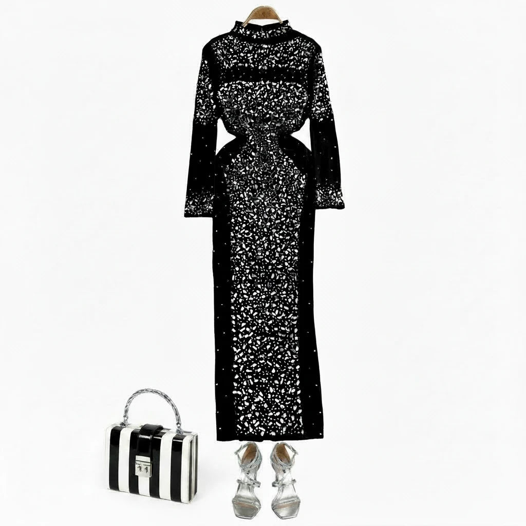 🍒Bodycon o-neck long sleeve dress glitter rhinestone outfit velvet chic vintage style clothing chic autumn fall fashion party occasion wear Get Wine Stoned