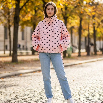 🍒Polka dot fashion pink Jackets spring/summer clothing printed loose cover up jacket top with stand collar chic casual clothing with drawstring detail  Bring Spring Sweet Thing