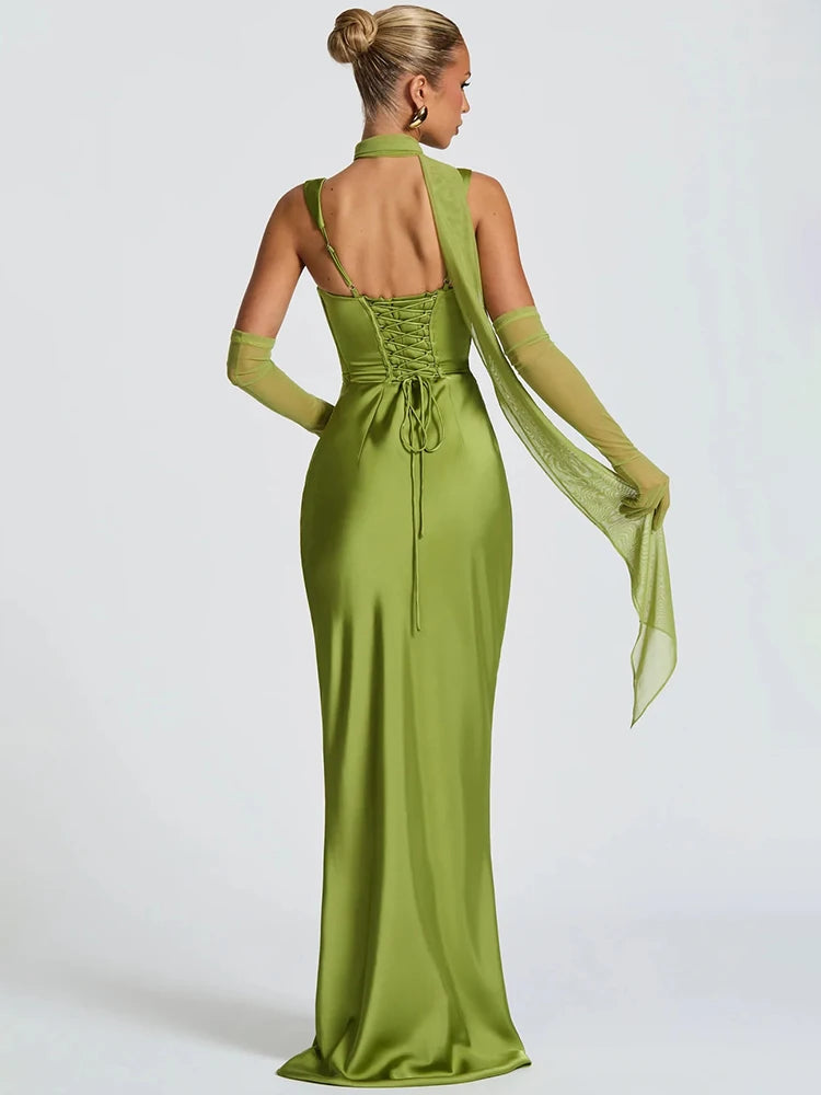 🍒Satin backless sleeveless long dress satin maxi outfits for women spaghetti straps lace-up back bodycon club wear party occasion clothing  Kool kiwi