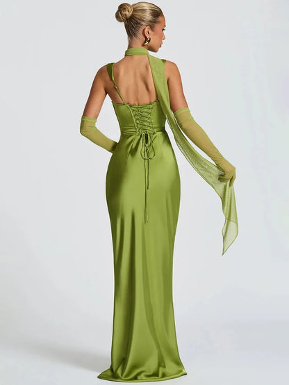 🍒Satin backless sleeveless long dress satin maxi outfits for women spaghetti straps lace-up back bodycon club wear party occasion clothing  Kool kiwi