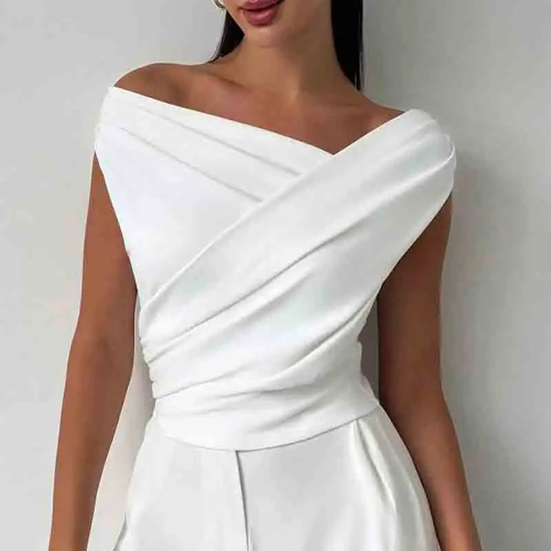 🍒Fashion office wear female slash neck top sleeveless one shoulder top for women elegant summer shirt white black off shoulder top holiday wear blouses smart casual vacation clothes Make No Mistake Close This Drape
