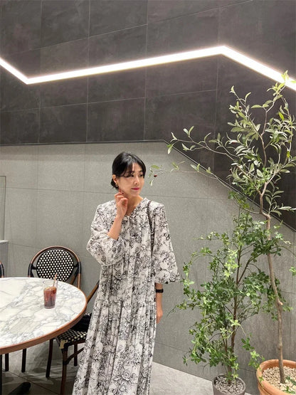 🍒Winter sundress long sleeve puff maxi outfit vintage dress smart casual daywear partywear office clothes Ink This One In