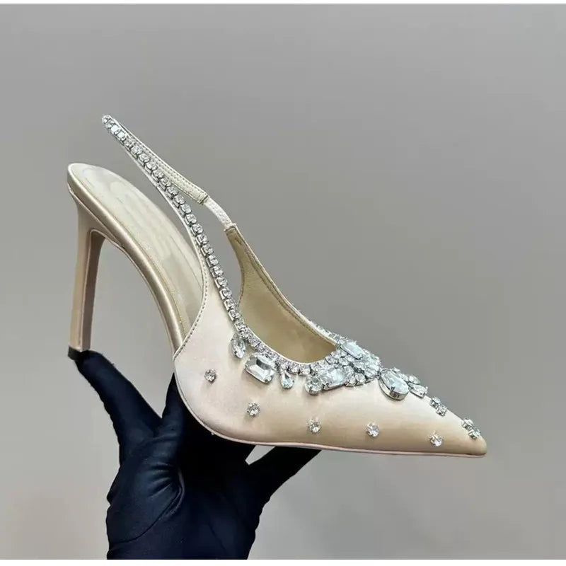 🍒Diamond satin slingback heels womens pointed toe pumps elegant stiletto high heels occasion shoes wedding party dress shoes 'Whine In Your Wines