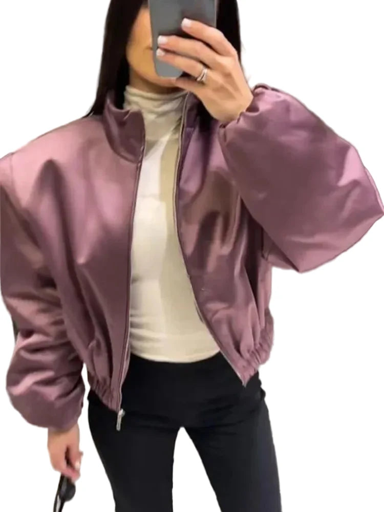 🍒Long sleeve bomber jacket women zipper with stand collar outerwear short casual coat solid chic female sateen clothing fashion   Get Into Mauve