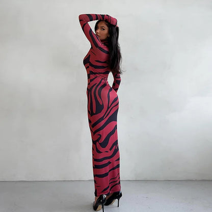 🍒Red striped long dress womens bodycon turtle neck zebra print mesh outfit clubwear party occasion wear clothing                       Catwalk Your Tiger