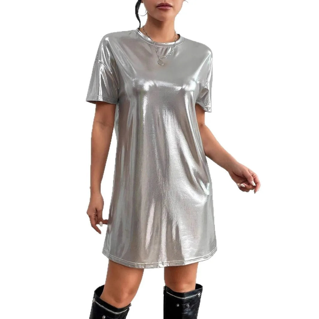 🍒Shiny t-shirt dress trendy o-neck outfit short-sleeved mini dress loose tee club wear party wear holiday wear beach party clothes Save Your Silvers keep Your Coppers