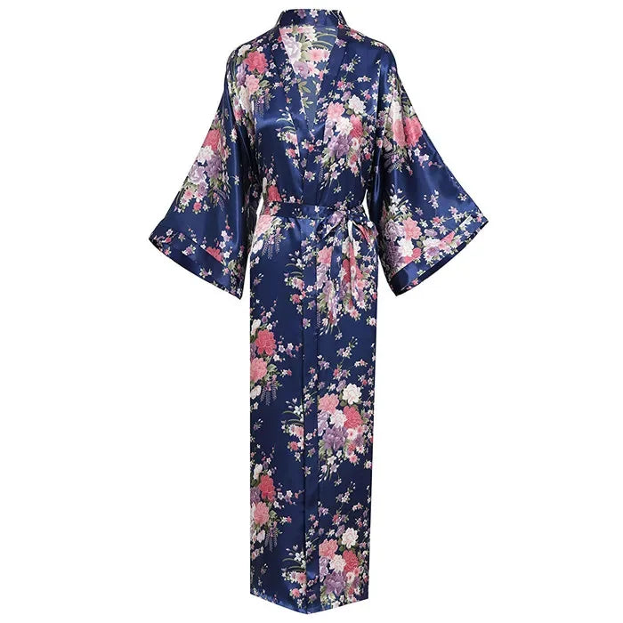 🍒Satin robe women plus size  with flowers peacock print kimono lounge gowns for women bride bridesmaid wedding bathrobe silky nighrwear Sittin' Satin Style