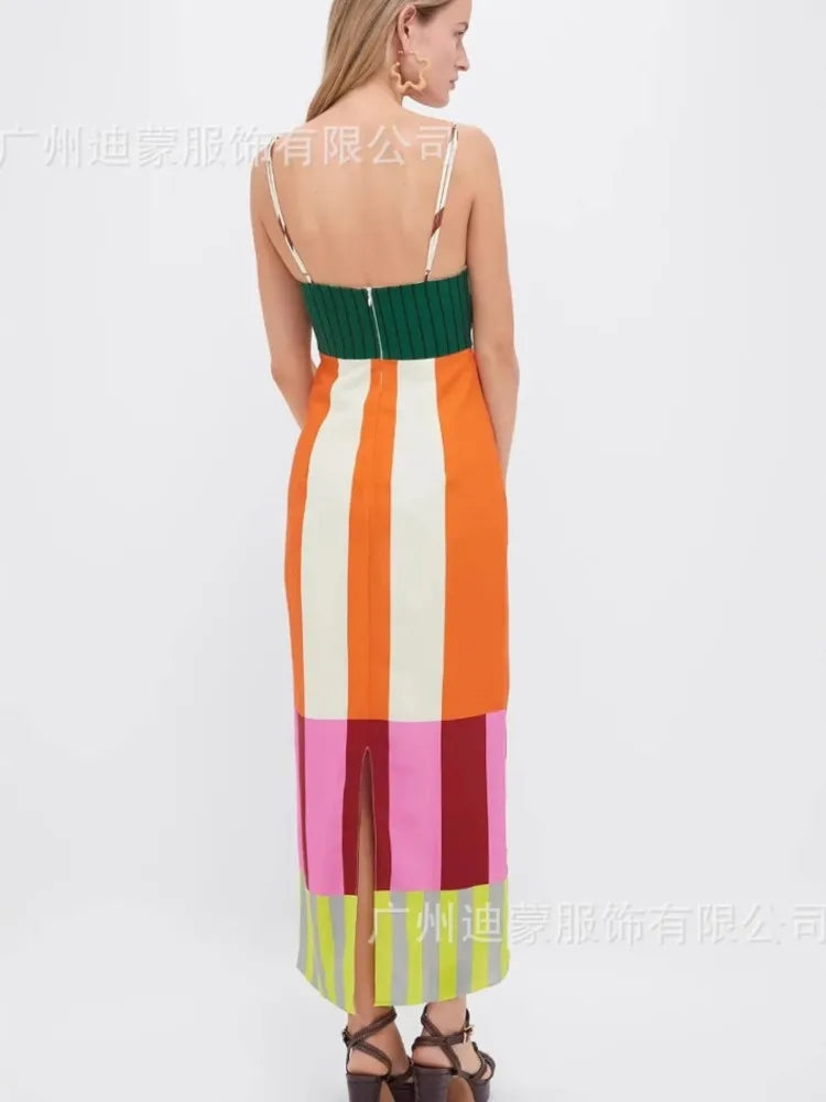 🍒 Colourful High waist maxi  striped dress fashion smart casual elegant party occasion wear long outfit women spaghetti strap bohemian summer fashion wear Their Will Be Double Takes With This Four Stripes