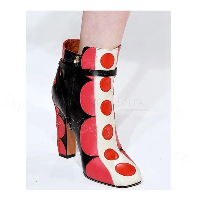 🍒Mixed colour short boots genuine leather wave point print buckle ankle high heel booties with side zipper women polka dot shoes chunky heels with square toe party occassion footwear Digit These Dots In your Cool shop