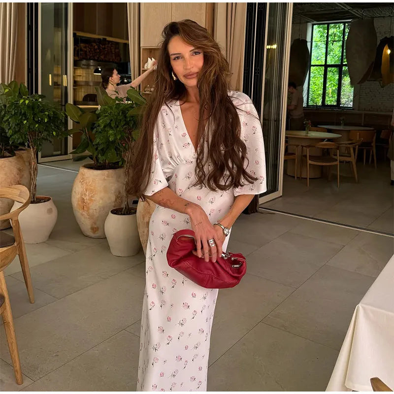 🍒Summer printed v-neck dress  with flower print womens fashion slim fit waist short butterfly sleeve long summer outfit with short sleeves high waist office wear cute comfy casu classy